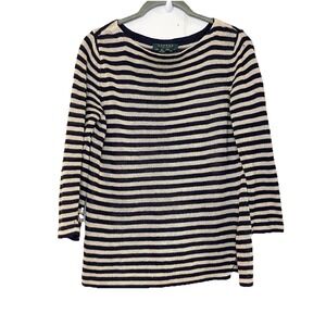 Lauren Ralph Lauren Knit Top Boat Neck 3/4 Sleeve 100% Linen Petite Small Navy